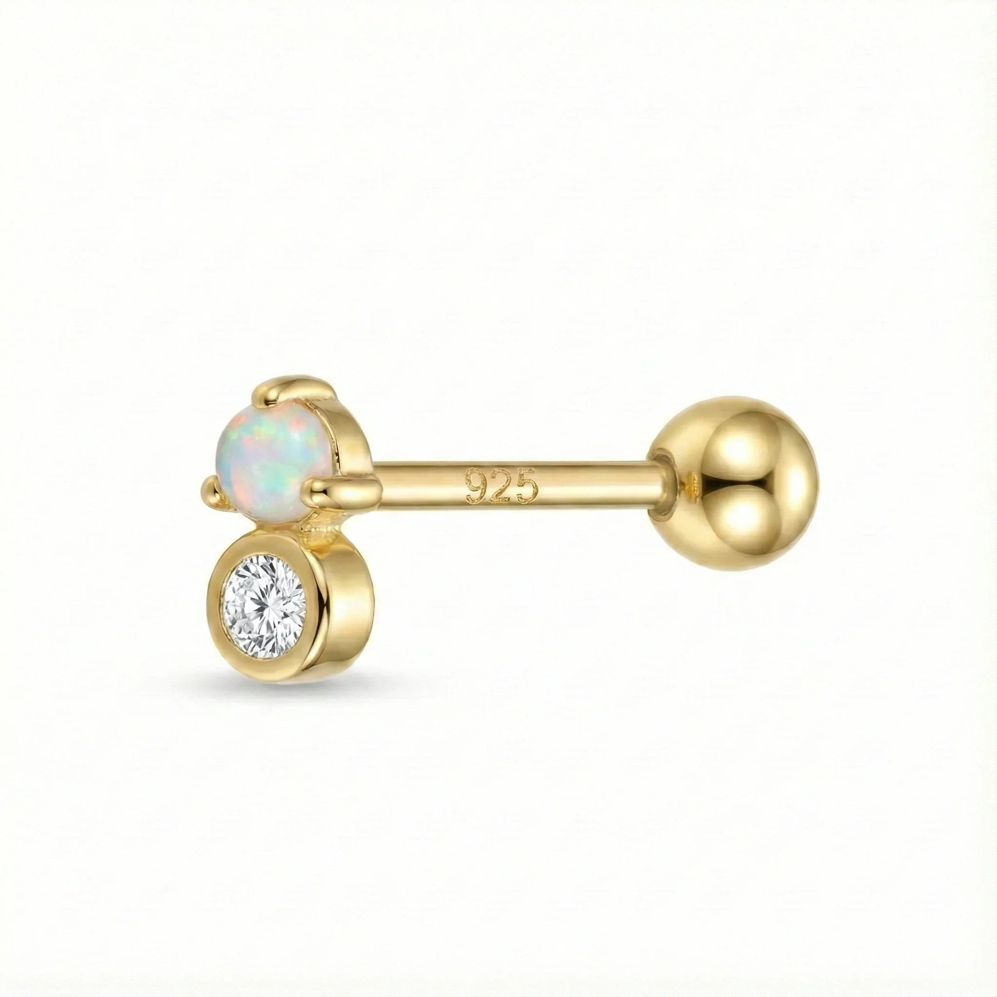 Piercing d’oreille en argent 925 doré à l’or fin avec opale blanche et zircon blanc, bijou élégant pour lobe ou cartilage