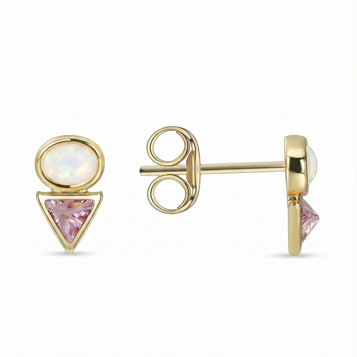Puces d’oreilles doré à l’or 18k avec opale blanche et zircon rose triangle