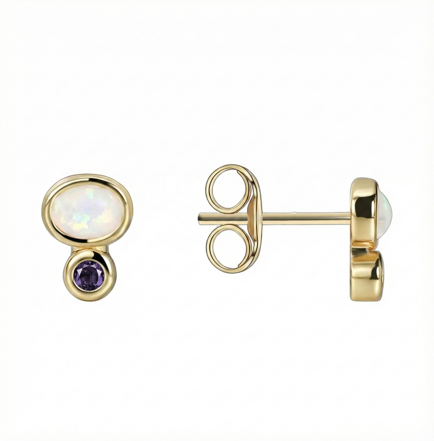 Puces d’oreilles doré à l’or 18k avec opale blanche et zircon violet