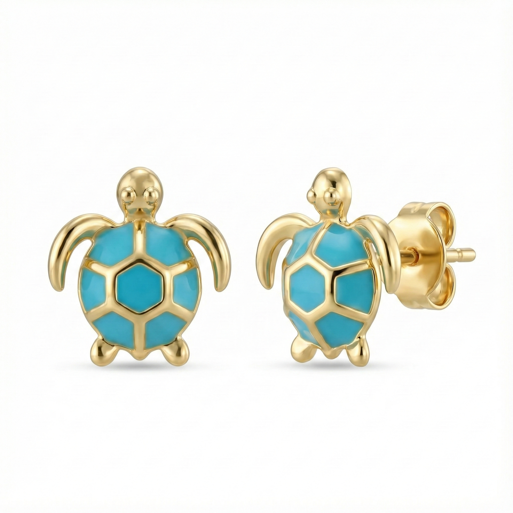 Boucles d’oreilles puces doré à l’or 18k tortue émail turquoise