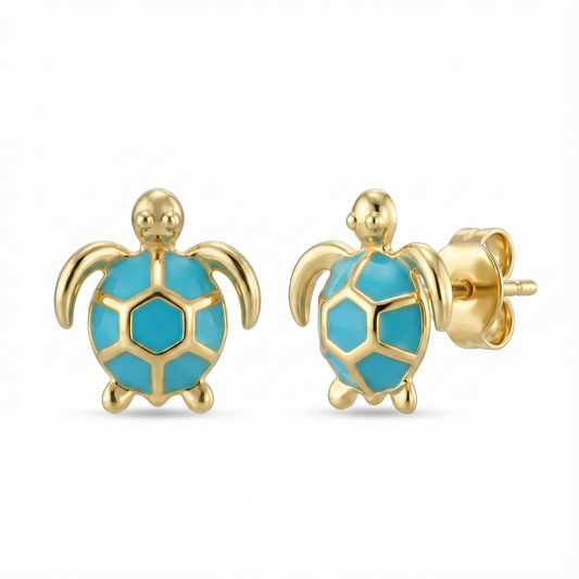 Boucles d’oreilles puces doré à l’or 18k tortue émail turquoise