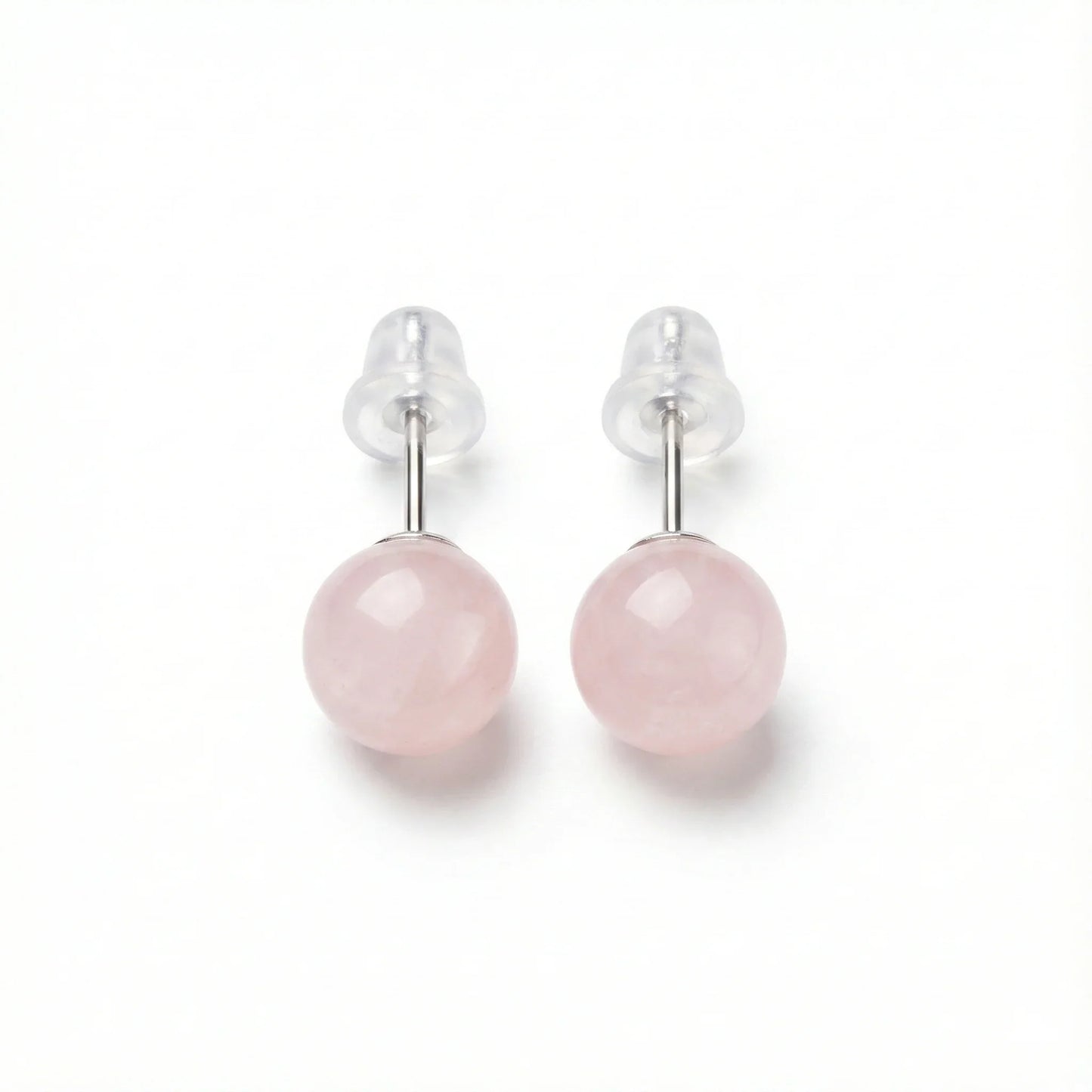 Paires de puces d'oreilles argent 925 boules en pierre naturelle Quartz Rose de 6 mm, couleur rose pâle doux