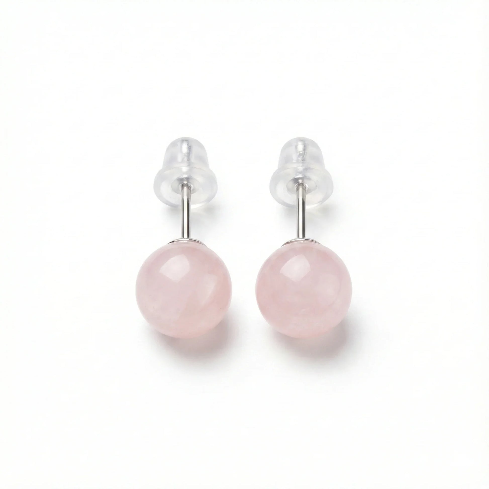 Paires de puces d'oreilles argent 925 boules en pierre naturelle Quartz Rose de 6 mm, couleur rose pâle doux