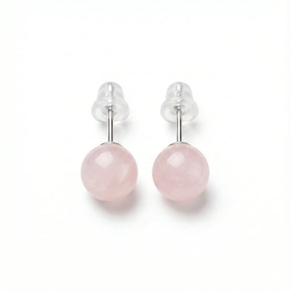 Paires de puces d'oreilles argent 925 boules en pierre naturelle Quartz Rose de 6 mm, couleur rose pâle doux