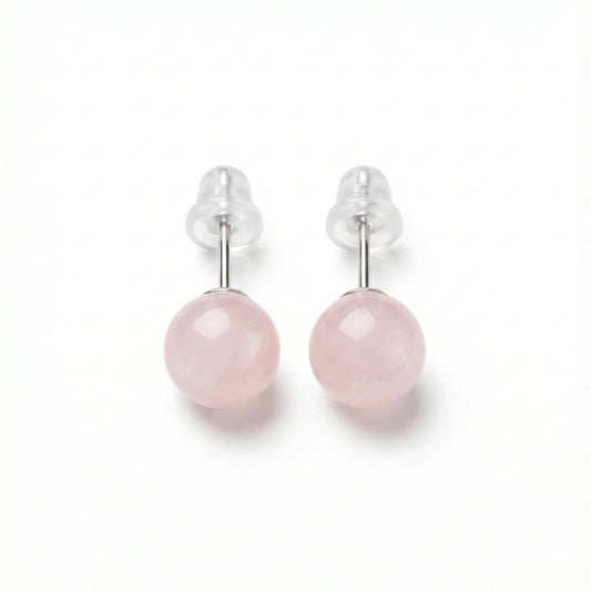 Paires de puces d'oreilles argent 925 boules en pierre naturelle Quartz Rose de 6 mm, couleur rose pâle doux